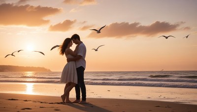 A couple embraces on the beach at sunset