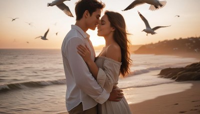 Couple hugs on the sunset beach, seagulls above