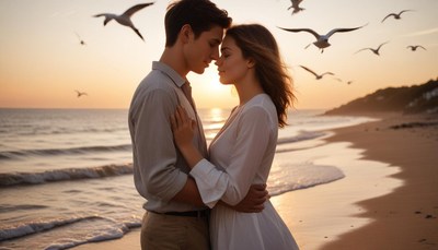 Couple embraces on a beach at sunset with seagulls