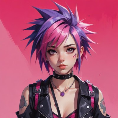 A woman with pink and purple hair poses in a leather jacket