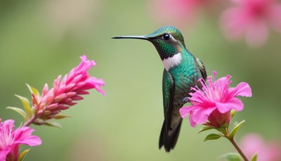 A hummingbird perches on a pink flower