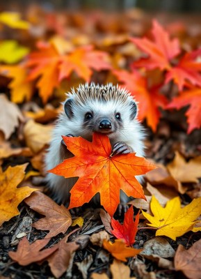 A hedgehog holds a red maple leaf in a forest during fall