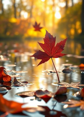 A red maple leaf floats in a pond on a sunny autumn day