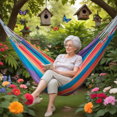 Woman relaxes in hammock, reading among flowers