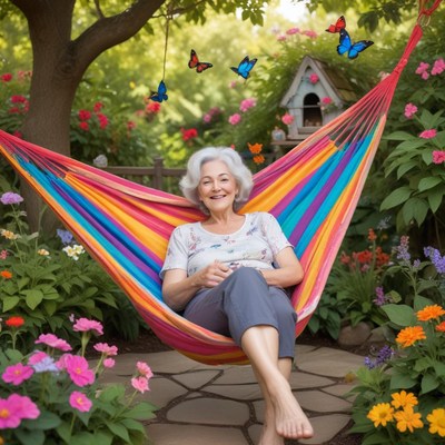 A woman relaxes in a colorful hammock on a sunny afternoon