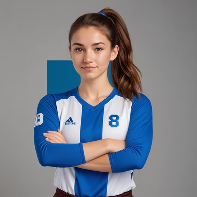 Young woman in a blue and white jersey stands confidently