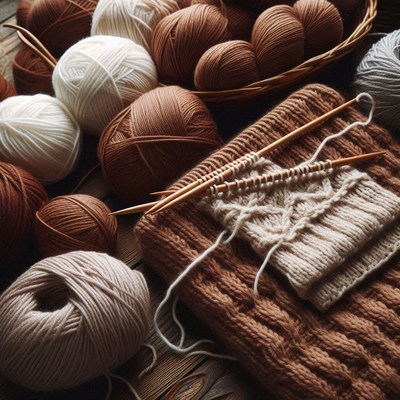 Brown and white yarn balls on a wooden table