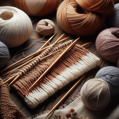 Knitting project with brown and white yarn on a wooden table