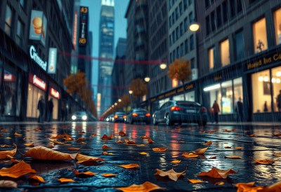 Wet leaves litter a city street during a rainstorm