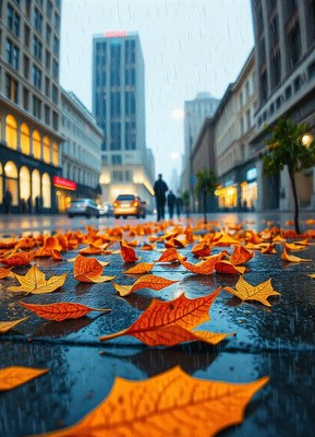 Autumn leaves fall on a city street during a rainstorm