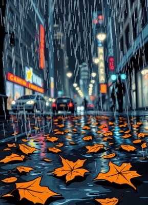 Leaves float on a wet street in the city