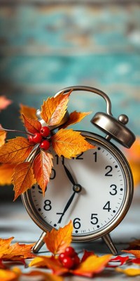 An alarm clock sits among autumn leaves