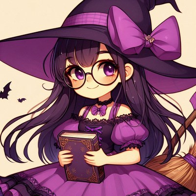 A witch with glasses smiles while holding a book