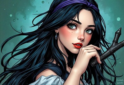 A woman with long black hair looks thoughtfully at a weapon