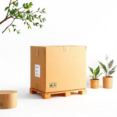 A large cardboard box sits on a wooden pallet