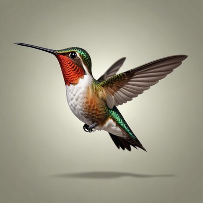 A hummingbird hovers in flight against a light background