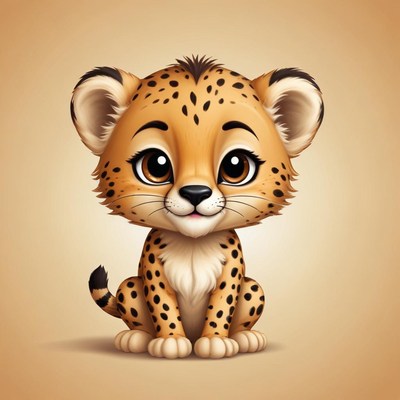 A cute cartoon cheetah sits on a tan background