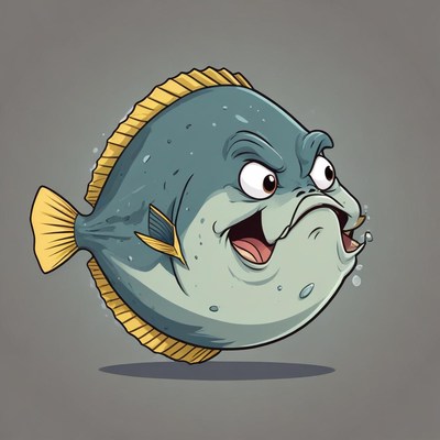 Grumpy cartoon fish swims in the water