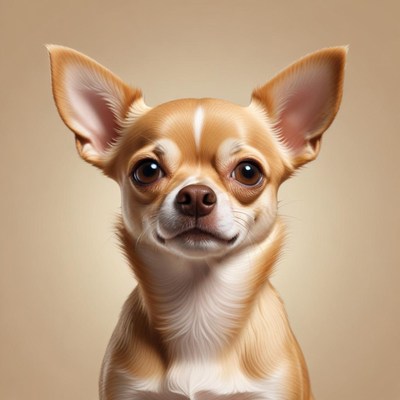 A brown and white chihuahua looks at the camera