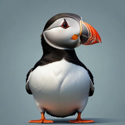 A puffin stands with its head turned to the side