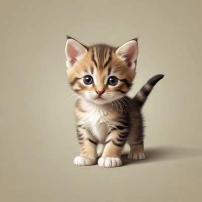A cute kitten stands on a beige background