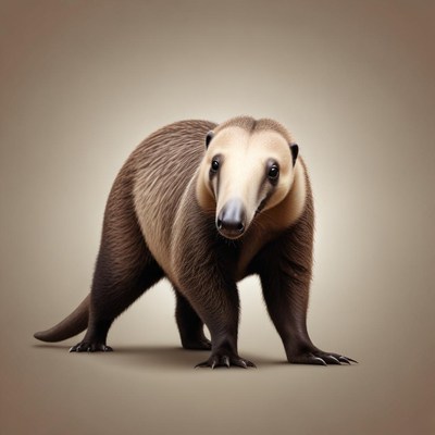 A large, furry anteater stands on a neutral background