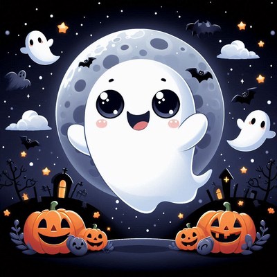 A cute ghost floats in front of the moon on halloween night