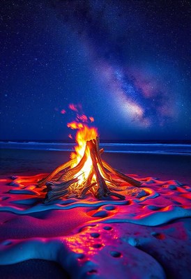 A campfire is burning on a sandy beach at night