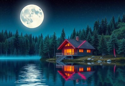 A cabin sits on a lake surrounded by trees under a full moon