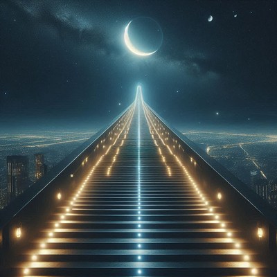 A staircase stretches to a crescent moon at night