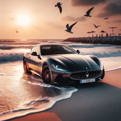 A black sports car sits on a beach at sunset
