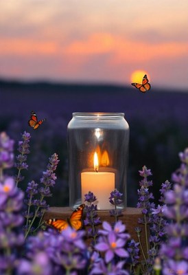 Candle in a jar with lavender at sunset