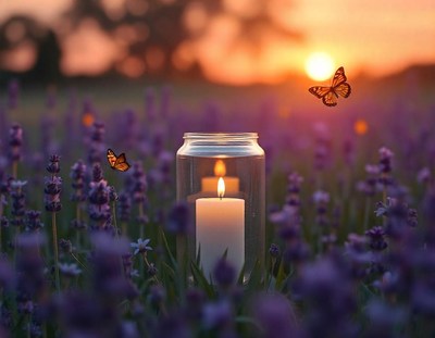 A lit candle sits in a field of purple flowers at sunset