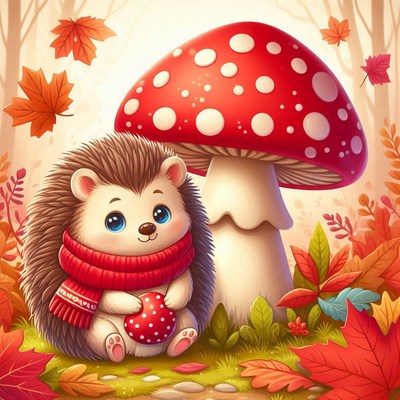 A cute hedgehog sits by a mushroom in the forest