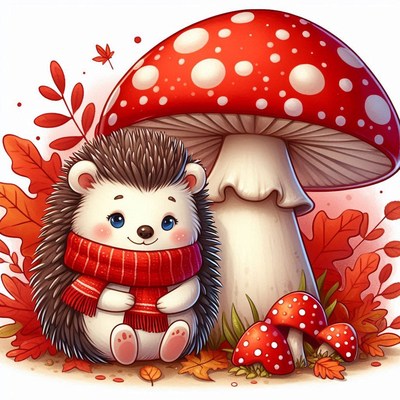 A cute hedgehog sits by a red mushroom in the fall