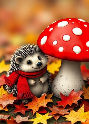 Hedgehog in a red scarf by a mushroom in autumn