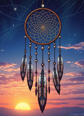 A dreamcatcher hangs against a vibrant sunset sky