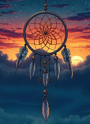 A dreamcatcher hangs against a beautiful sunset sky
