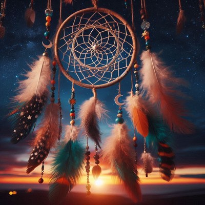A dreamcatcher hangs against a sunset sky