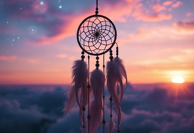 A dreamcatcher hangs in the sunset