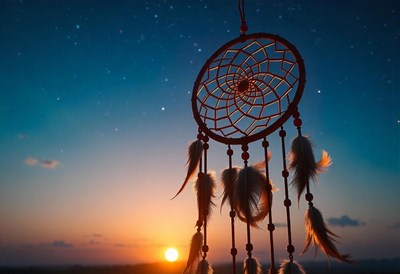 A dreamcatcher hangs against a sunset sky