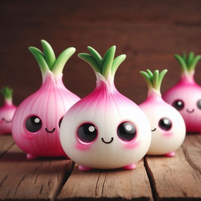 Cute onions with smiling faces sit on a wooden table