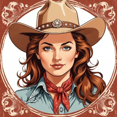 A cowgirl smiles in a vintage illustration