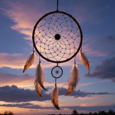 A dreamcatcher hangs against a sunset sky