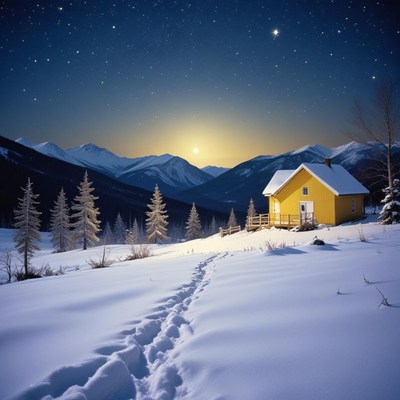 Yellow cabin in snowy valley under stars