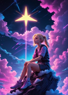A girl sits on a cloud, looking up at a bright star