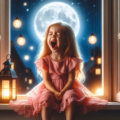 Girl in a pink dress gazes at the full moon