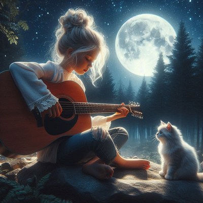 A young girl plays guitar under the moonlight