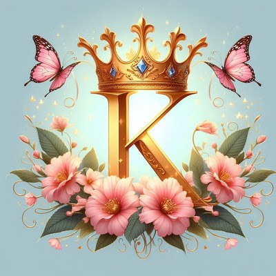 A golden k with a crown sits among pink flowers
