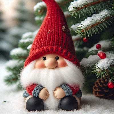 A red-hatted gnome sits in the snow